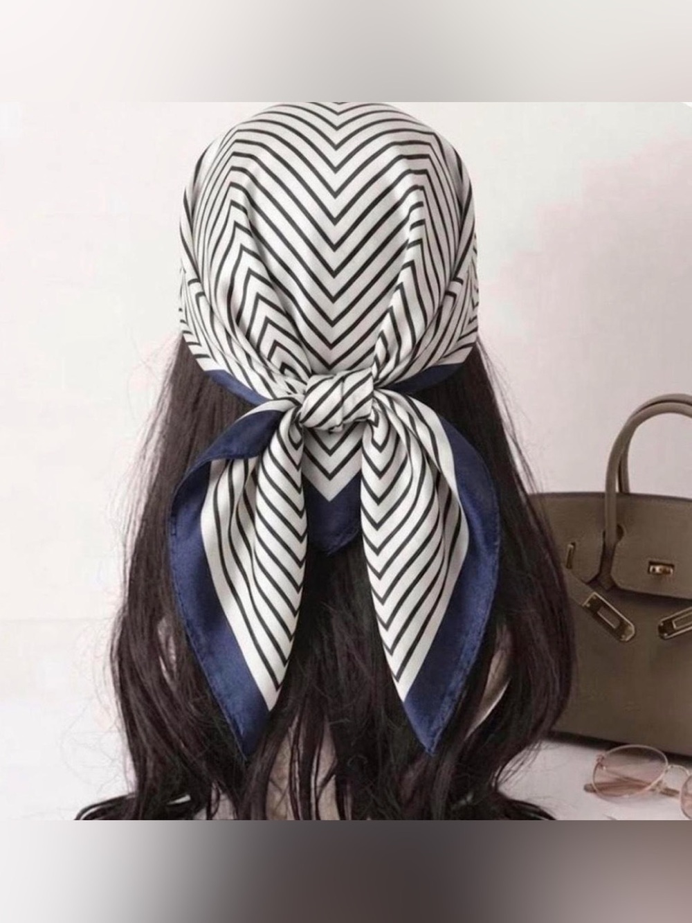 Striped Navy and White Silky Headscarf